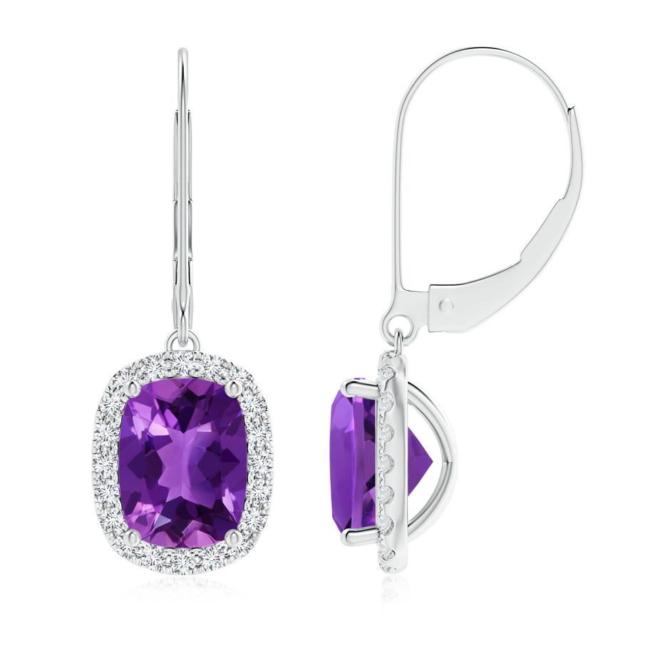 8x6mm AAAA Cushion Amethyst Leverback Earrings with Diamond Halo in P950 Platinum 