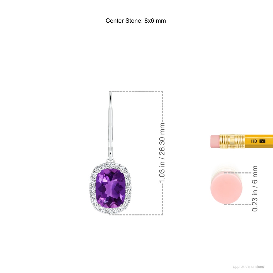 8x6mm AAAA Cushion Amethyst Leverback Earrings with Diamond Halo in P950 Platinum ruler