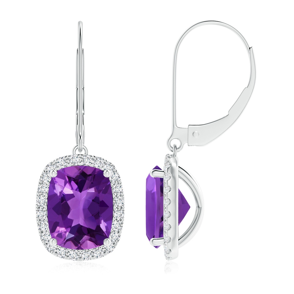 9x7mm AAAA Cushion Amethyst Leverback Earrings with Diamond Halo in P950 Platinum 