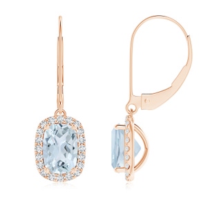 7x5mm A Cushion Aquamarine Leverback Earrings with Diamond Halo in 10K Rose Gold
