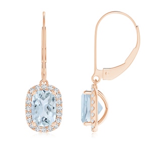 7x5mm A Cushion Aquamarine Leverback Earrings with Diamond Halo in 9K Rose Gold