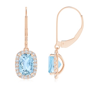 7x5mm AAA Cushion Aquamarine Leverback Earrings with Diamond Halo in 9K Rose Gold