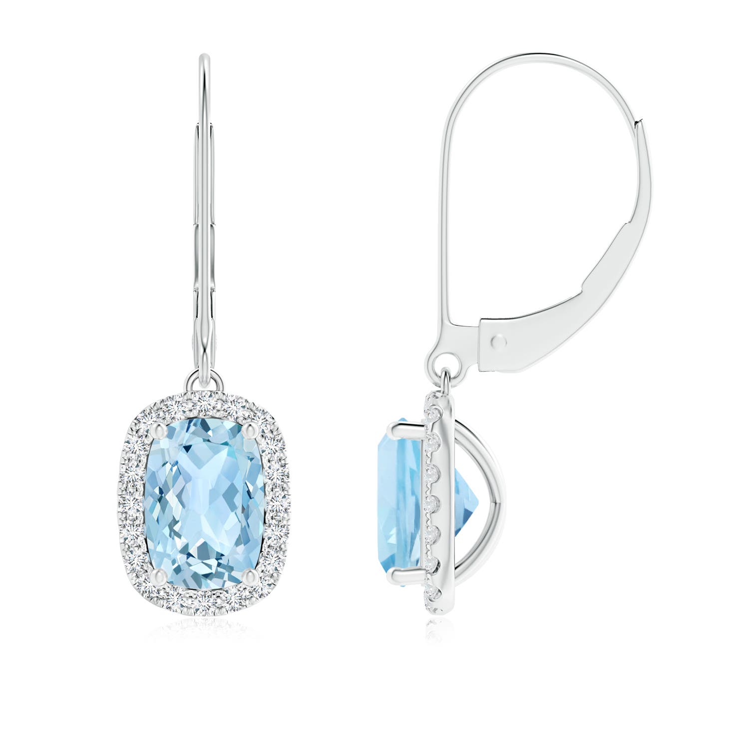 7x5mm AAA Cushion Aquamarine Leverback Earrings with Diamond Halo in P950 Platinum