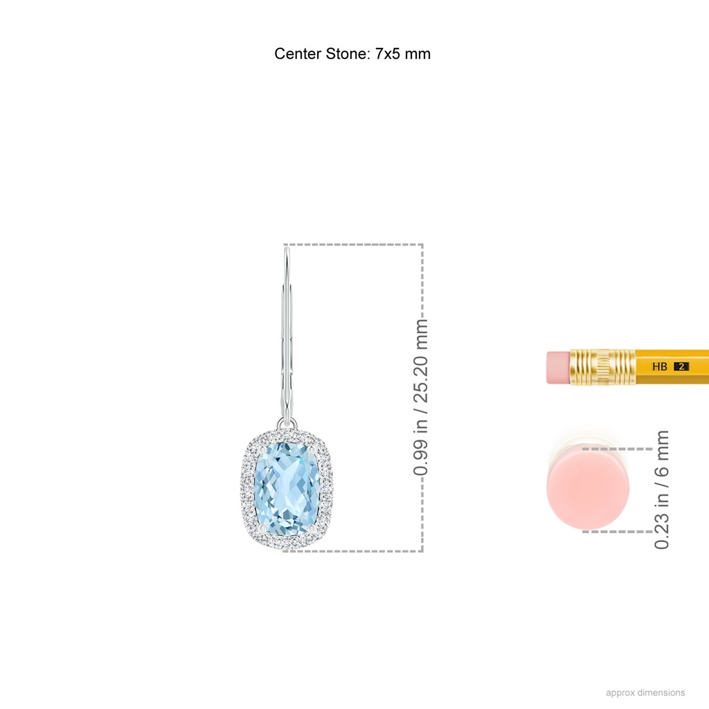 7x5mm AAA Cushion Aquamarine Leverback Earrings with Diamond Halo in White Gold Product Image
