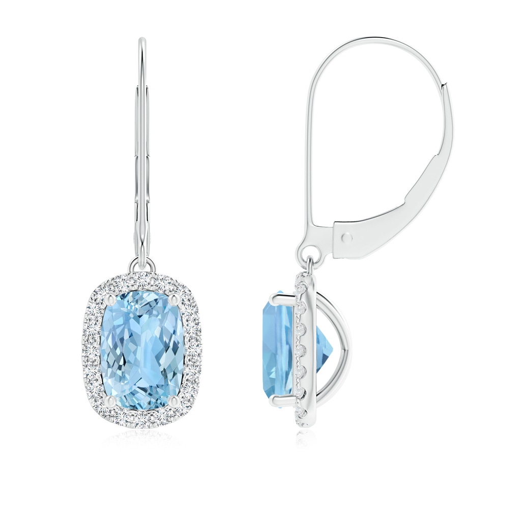 7x5mm AAAA Cushion Aquamarine Leverback Earrings with Diamond Halo in P950 Platinum