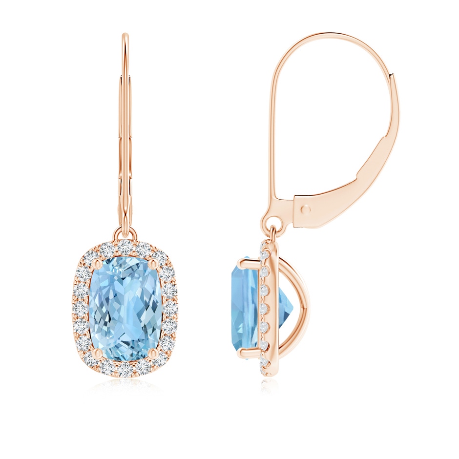 7x5mm AAAA Cushion Aquamarine Leverback Earrings with Diamond Halo in Rose Gold 