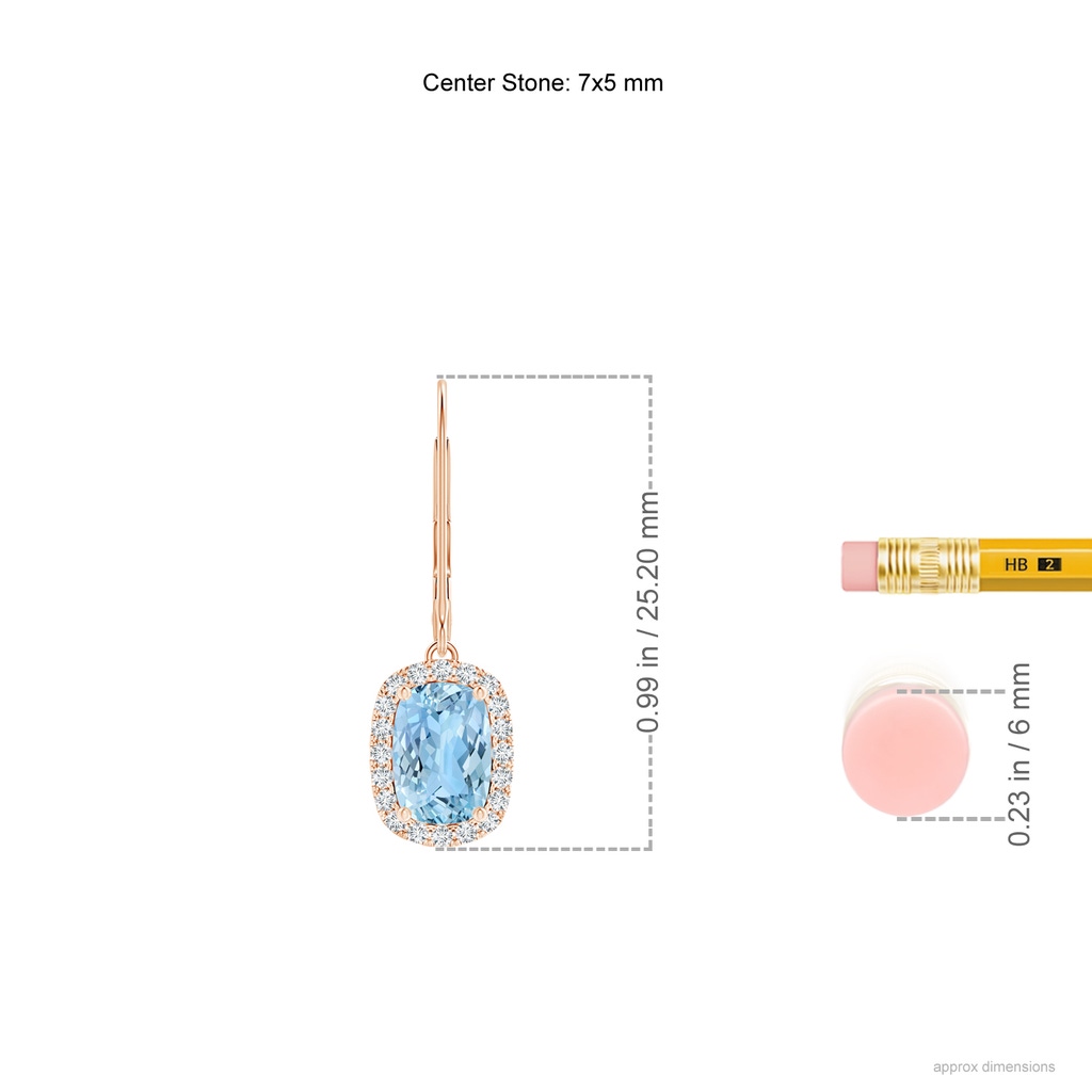 7x5mm AAAA Cushion Aquamarine Leverback Earrings with Diamond Halo in Rose Gold Product Image