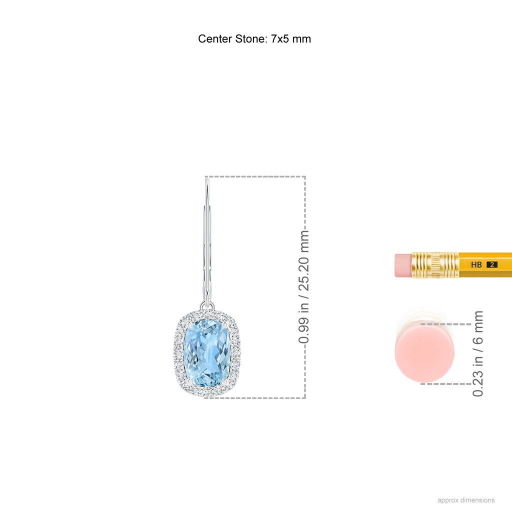 7x5mm AAAA Cushion Aquamarine Leverback Earrings with Diamond Halo in White Gold Product Image