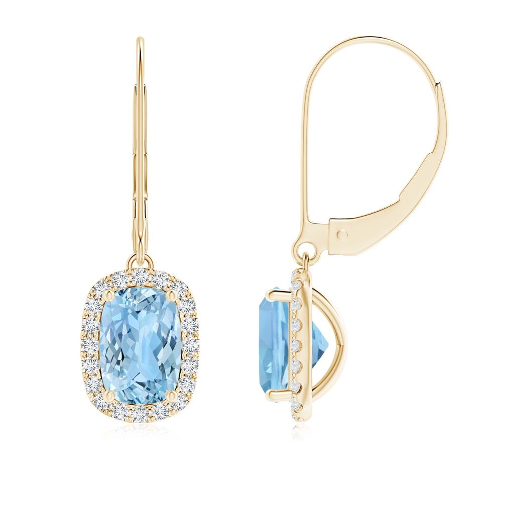 7x5mm AAAA Cushion Aquamarine Leverback Earrings with Diamond Halo in Yellow Gold