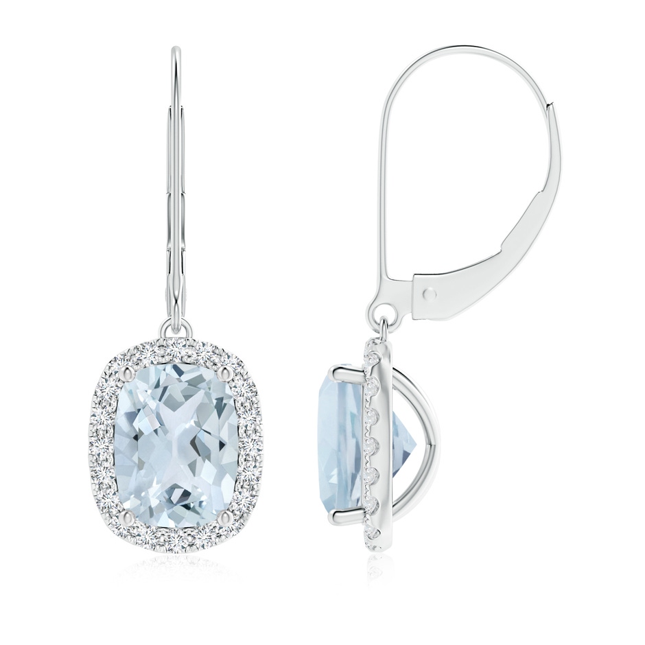8x6mm A Cushion Aquamarine Leverback Earrings with Diamond Halo in White Gold 