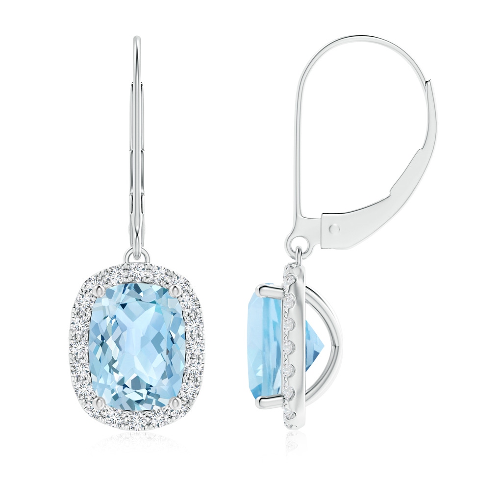 8x6mm AAA Cushion Aquamarine Leverback Earrings with Diamond Halo in White Gold