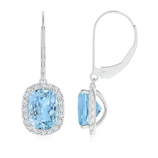 8x6mm AAAA Cushion Aquamarine Leverback Earrings with Diamond Halo in P950 Platinum