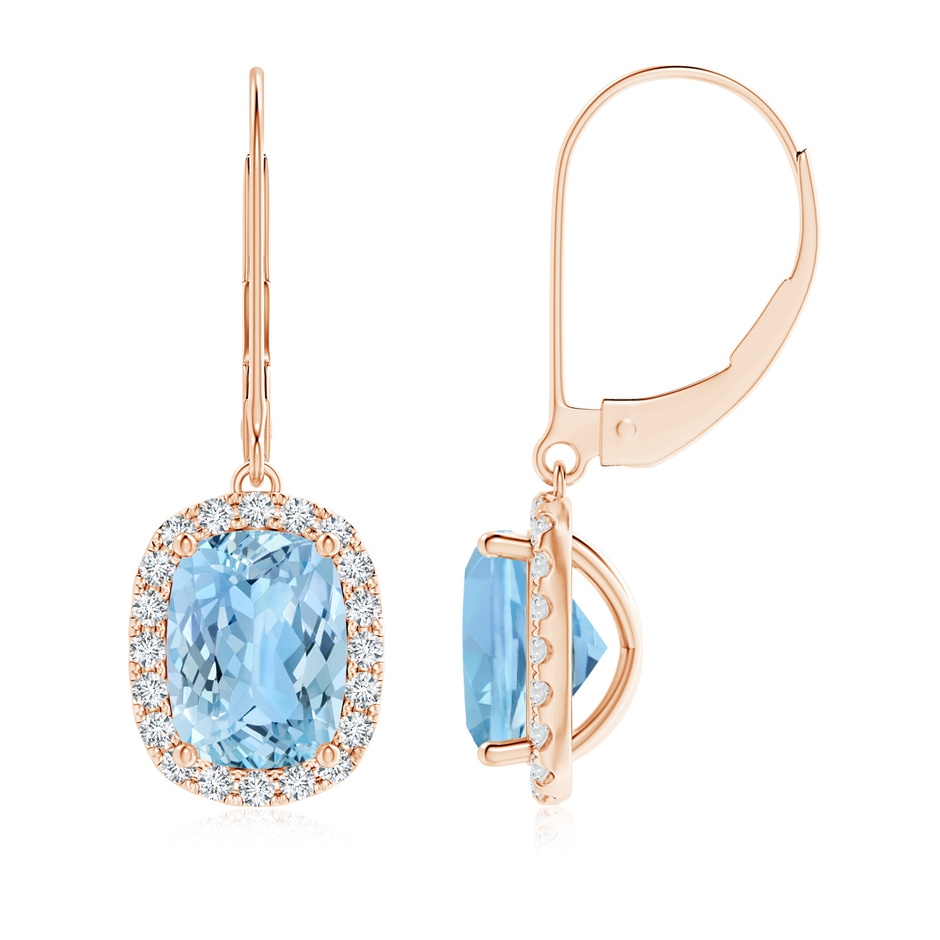 8x6mm AAAA Cushion Aquamarine Leverback Earrings with Diamond Halo in Rose Gold 