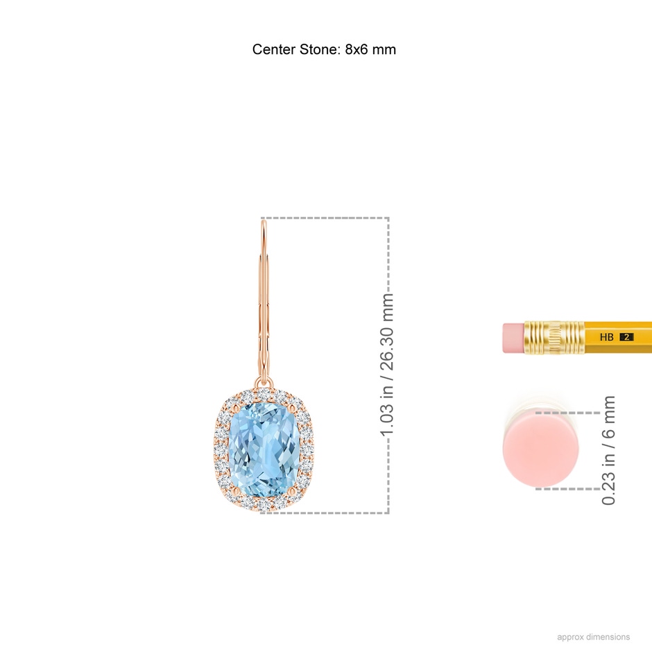 8x6mm AAAA Cushion Aquamarine Leverback Earrings with Diamond Halo in Rose Gold product image