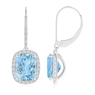 9x7mm AAAA Cushion Aquamarine Leverback Earrings with Diamond Halo in P950 Platinum