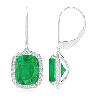 10x8mm AA Cushion Emerald Leverback Earrings with Emerald Halo in P950 Platinum