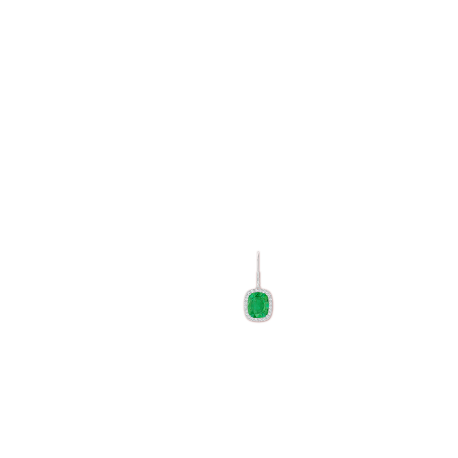 10x8mm AA Cushion Emerald Leverback Earrings with Emerald Halo in P950 Platinum ear