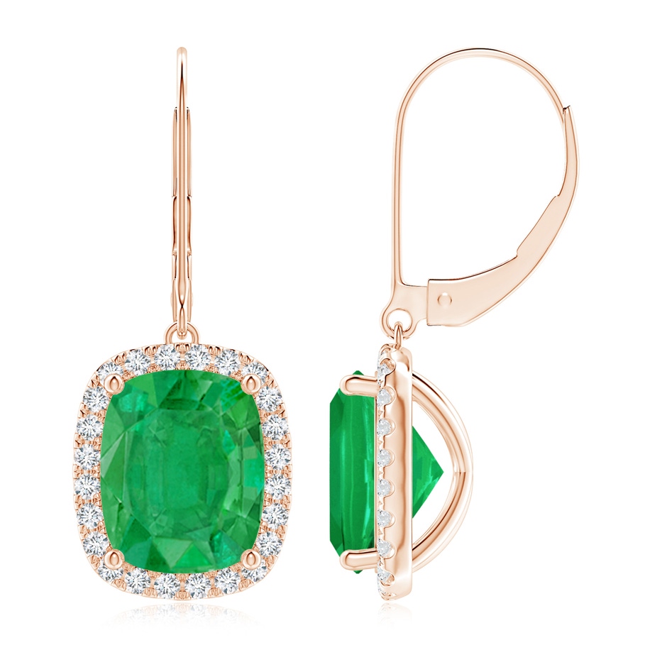 10x8mm AA Cushion Emerald Leverback Earrings with Emerald Halo in Rose Gold 