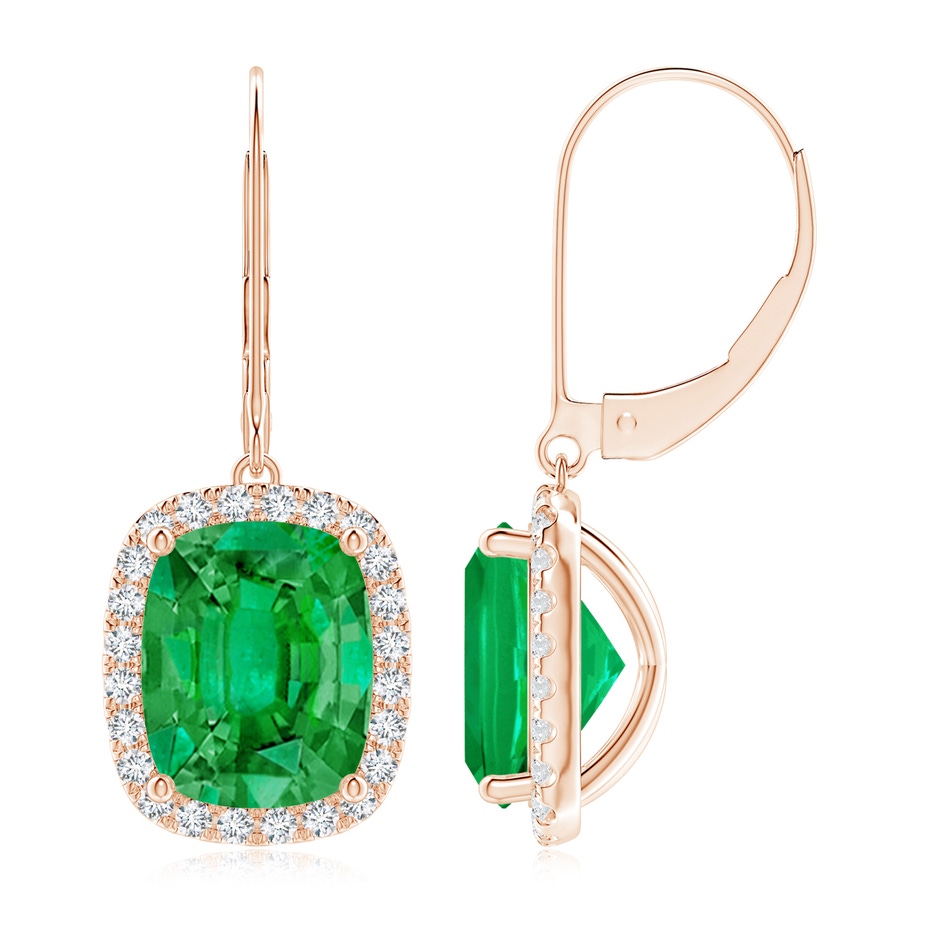 10x8mm AAA Cushion Emerald Leverback Earrings with Emerald Halo in Rose Gold 
