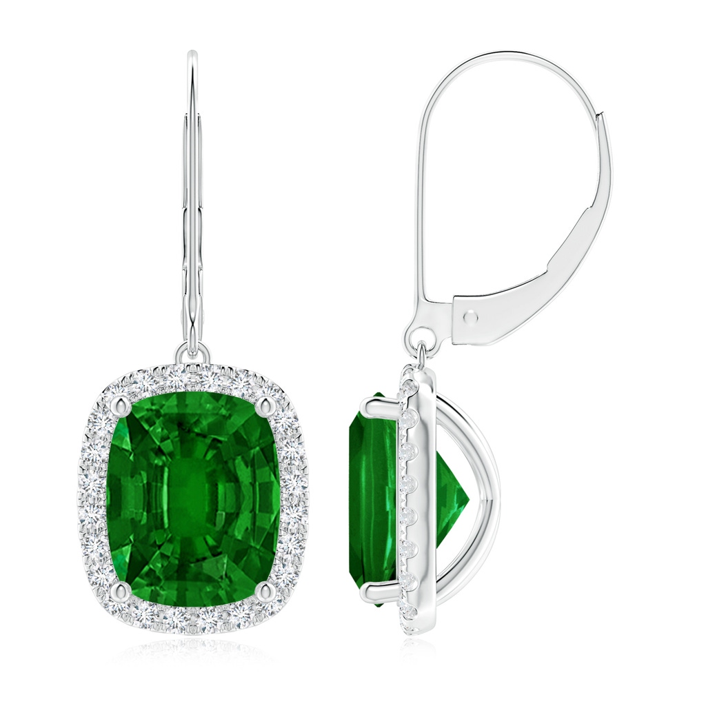 10x8mm AAAA Cushion Emerald Leverback Earrings with Emerald Halo in P950 Platinum