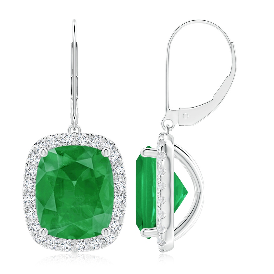 12x10mm A Cushion Emerald Leverback Earrings with Emerald Halo in P950 Platinum 