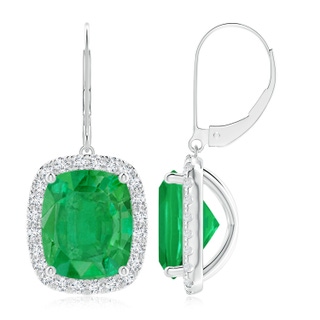 12x10mm AA Cushion Emerald Leverback Earrings with Emerald Halo in P950 Platinum