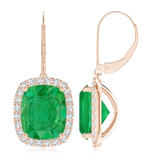 12x10mm AA Cushion Emerald Leverback Earrings with Emerald Halo in Rose Gold