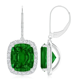 12x10mm AAAA Cushion Emerald Leverback Earrings with Emerald Halo in P950 Platinum