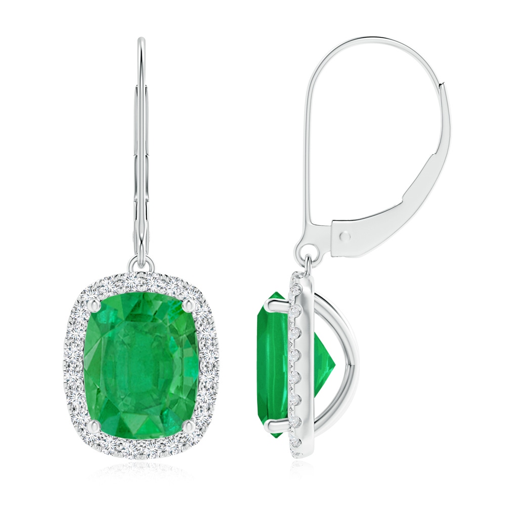 9x7mm AA Cushion Emerald Leverback Earrings with Emerald Halo in White Gold