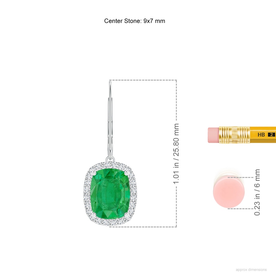 9x7mm AA Cushion Emerald Leverback Earrings with Emerald Halo in White Gold ruler