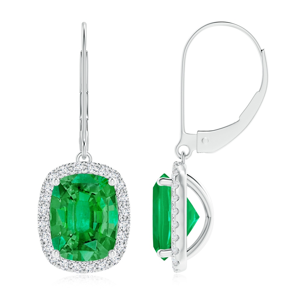 9x7mm AAA Cushion Emerald Leverback Earrings with Emerald Halo in White Gold