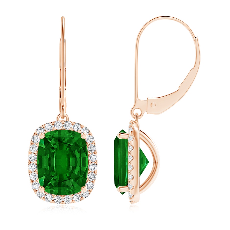 9x7mm AAAA Cushion Emerald Leverback Earrings with Emerald Halo in Rose Gold 