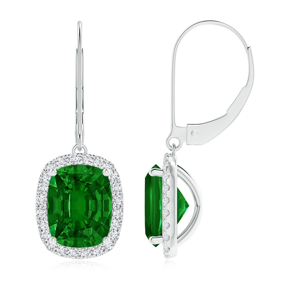 9x7mm AAAA Cushion Emerald Leverback Earrings with Emerald Halo in S999 Silver 