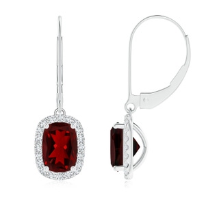 7x5mm AAAA Cushion Garnet Leverback Earrings with Diamond Halo in White Gold