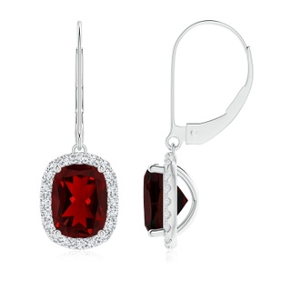 8x6mm AAAA Cushion Garnet Leverback Earrings with Diamond Halo in P950 Platinum