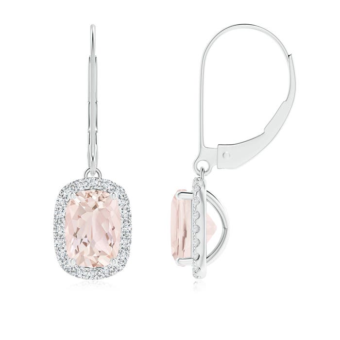 7x5mm A Cushion Morganite Leverback Earrings with Diamond Halo in P950 Platinum