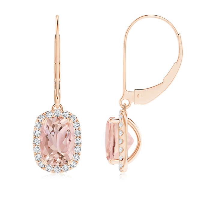 7x5mm AAAA Cushion Morganite Leverback Earrings with Diamond Halo in Rose Gold