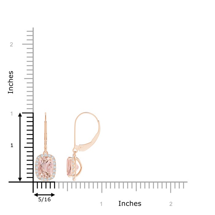 7x5mm AAAA Cushion Morganite Leverback Earrings with Diamond Halo in Rose Gold - ruler