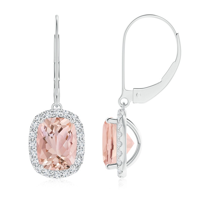 8x6mm AAAA Cushion Morganite Leverback Earrings with Diamond Halo in P950 Platinum 