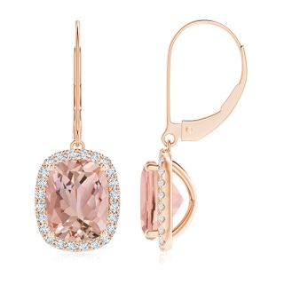 9x7mm AAAA Cushion Morganite Leverback Earrings with Diamond Halo in Rose Gold