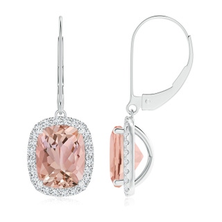 9x7mm AAAA Cushion Morganite Leverback Earrings with Diamond Halo in White Gold