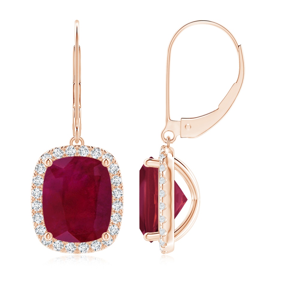 10x8mm A Cushion Ruby Leverback Earrings with Diamond Halo in Rose Gold 