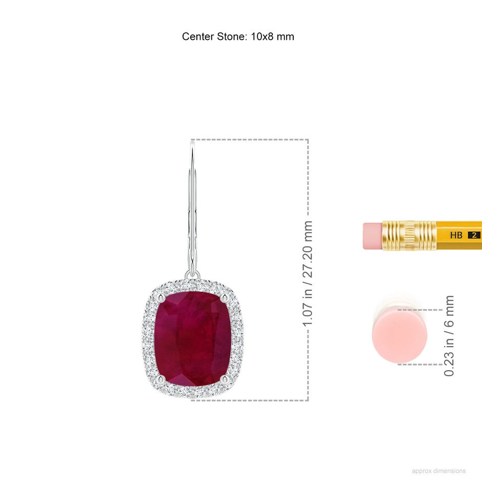 10x8mm A Cushion Ruby Leverback Earrings with Diamond Halo in S999 Silver ruler