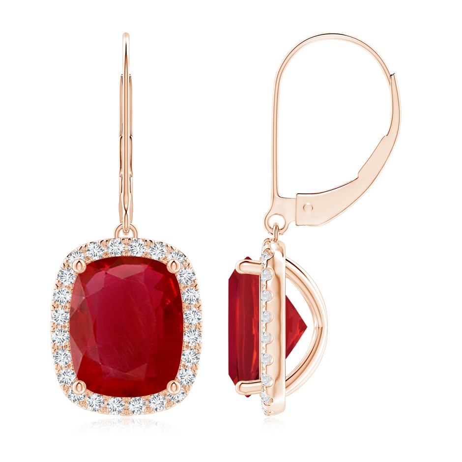 10x8mm AA Cushion Ruby Leverback Earrings with Diamond Halo in Rose Gold 