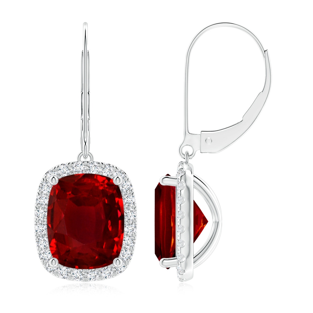 10x8mm AAAA Cushion Ruby Leverback Earrings with Diamond Halo in P950 Platinum