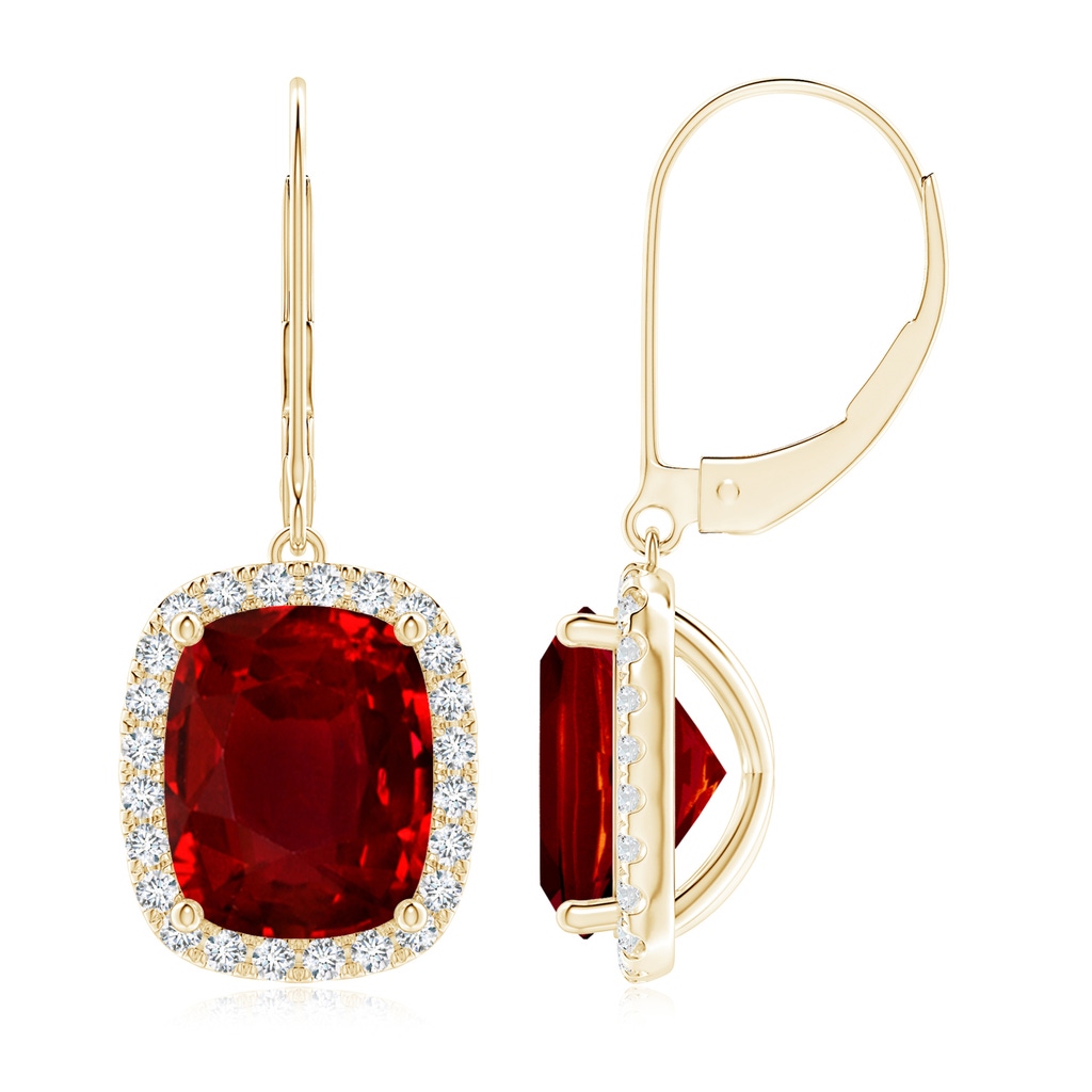 10x8mm AAAA Cushion Ruby Leverback Earrings with Diamond Halo in Yellow Gold