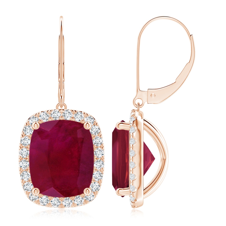 12x10mm A Cushion Ruby Leverback Earrings with Diamond Halo in Rose Gold 