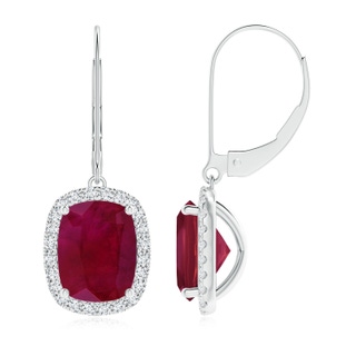9x7mm A Cushion Ruby Leverback Earrings with Diamond Halo in P950 Platinum