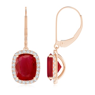 9x7mm AA Cushion Ruby Leverback Earrings with Diamond Halo in Rose Gold