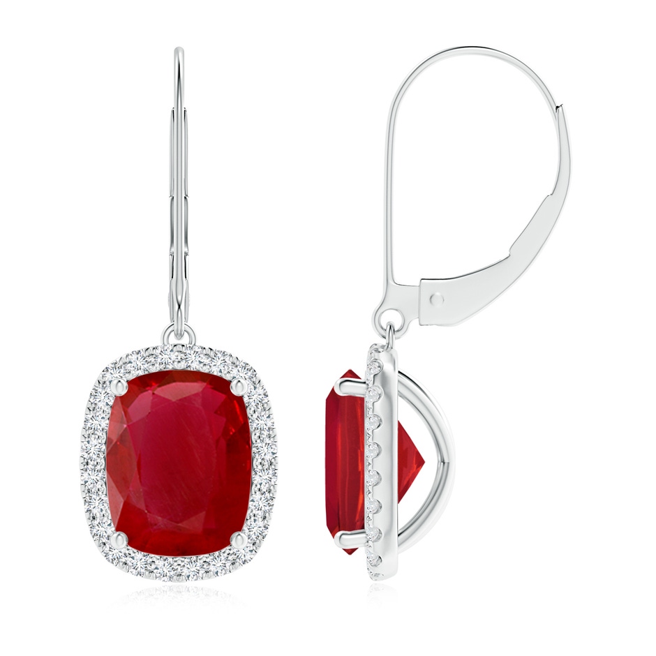 9x7mm AA Cushion Ruby Leverback Earrings with Diamond Halo in White Gold 